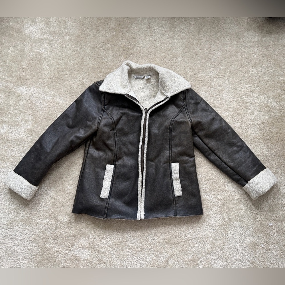 St John’s Bay Brown Faux Leather Jacket with Cream Lining L